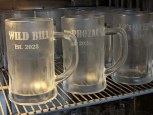 Copper Plank Mug Club glass mugs chilling on the shelf