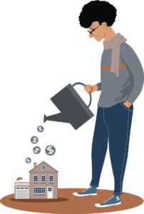 young man holding watering can, pouring over a model of a house with dollar signs falling out of the can. He looks calm.