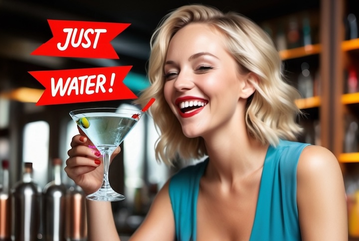 Blonde woman drinking water in a martini glass with a red banner that says "Just water!"